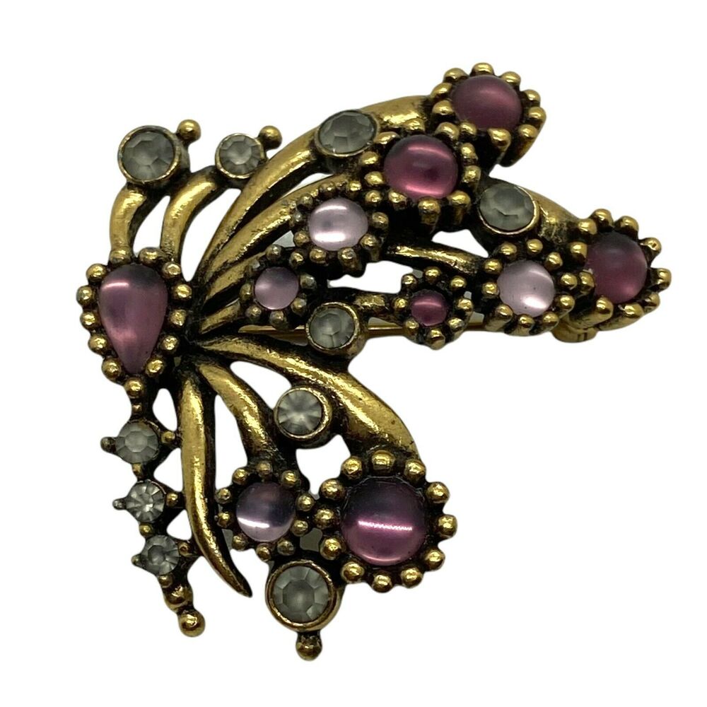 Butterfly Brooch Pin Women's Retro Purple & Clear “Gem” Aged Gold Tone 1.5"